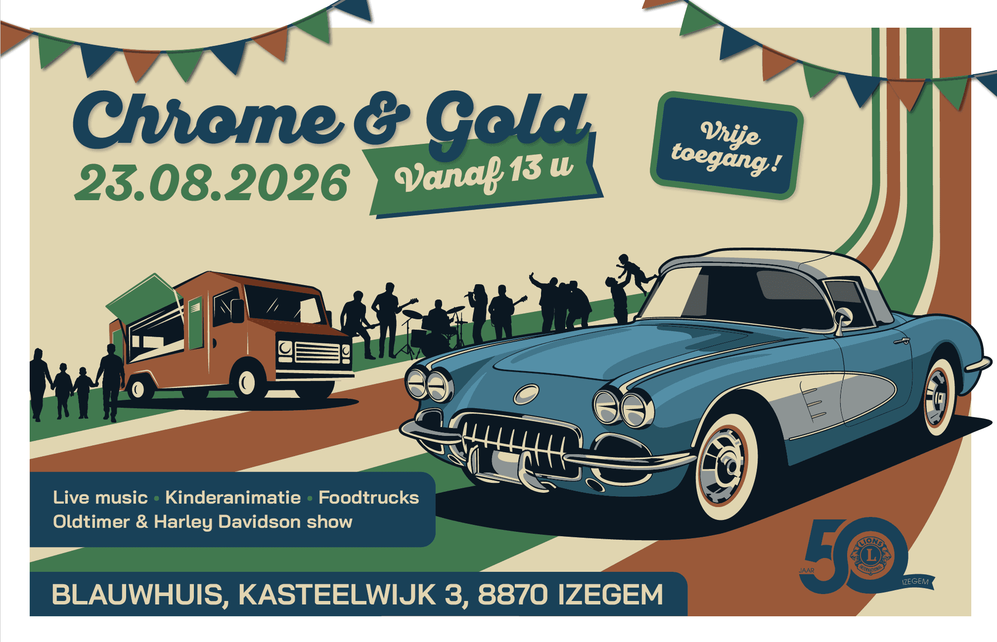 Chrome & Gold Festival affiche met oldtimer en foodtruck op zondag 23 augustus 2026